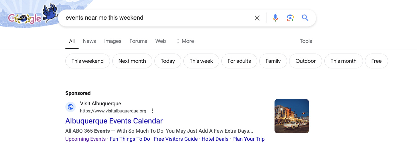 A screenshot showing a sponsored Google ad for the search terms "events near me this weekend"